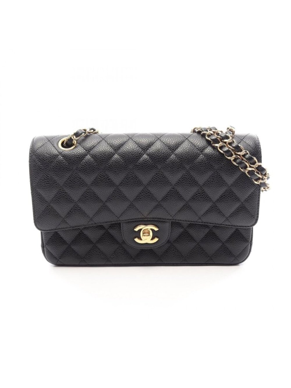 Chanel Shoulder Bag Quilted Double Flap Black Caviar Leather Chain